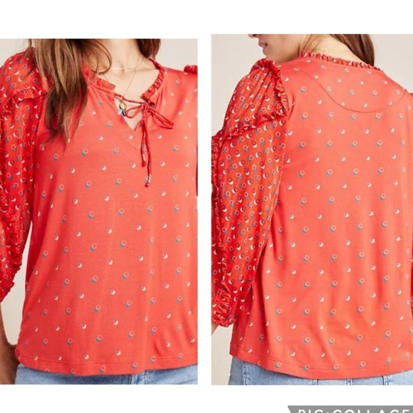 Anthropologie Tops - EUC Anthropologie Maeve Red Ruffle Sleeve Jacquin Peasant Blouse